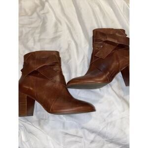 Kate Spade Tracee Brown Leather Ankle Booties Bow Detail Zipper Block Heel 8.5